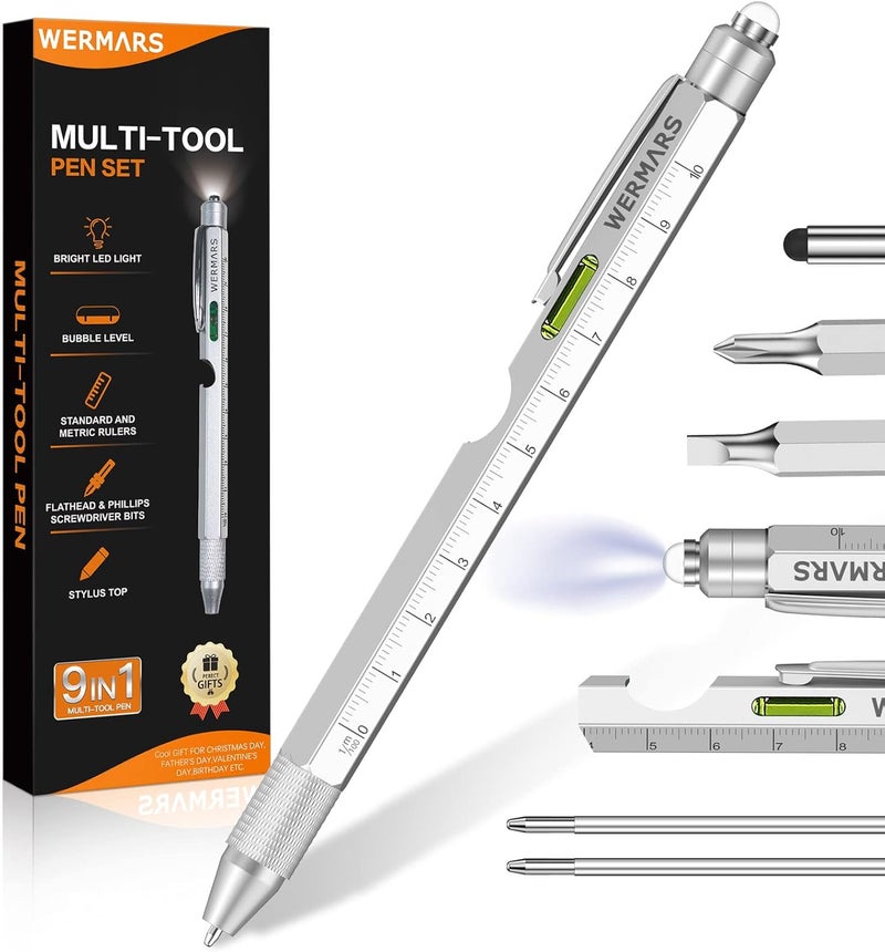 WERMARS Stocking Stuffers for Adults- Gifts for Men, 9 in 1 Multitool Pen, Christmas Gift for Dad, Gifts for Him, Tool Gifts for Dad from Kids, Gifts for Husband, Boyfriend, Grandpa(Silver) - Image 1